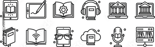 Education Technology Icon Set with Online Learning, Digital Books, Audiobook, Library, Cloud Storage and Academic Tools for E Learning and Knowledge Vector Design