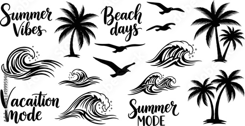 Canvas Print Black and white summer beach illustrations with palm trees waves and birds