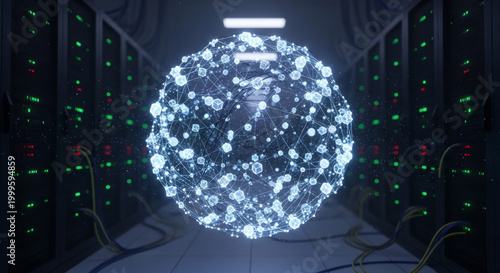 Digital network sphere in a server room