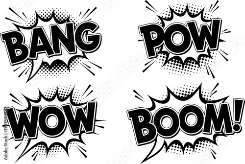 Comic book explosion sound effects in pop art style on white background