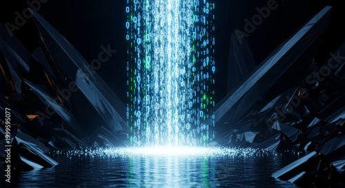 Digital binary code waterfall in dark crystalline cave