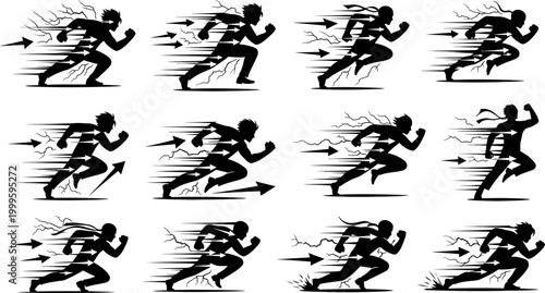 black silhouettes of people running in different poses with motion lines and arrows  various athletic movements