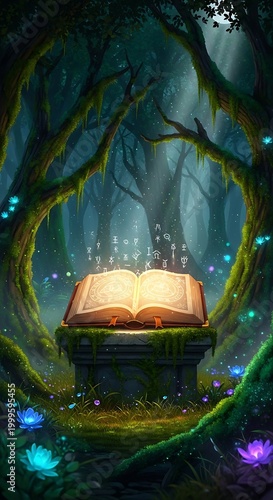Enchanted forest scene with an open, glowing book on a pedestal, mystical light