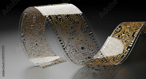 flexible circuit board with gold traces curved and glossy high quality professional detailed