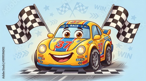 Vibrant Cartoon Racing Car with Number 37 at Finish Line with Checkered Flags