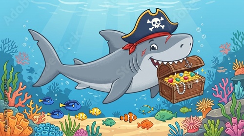 Whimsical Pirate Shark Swimming with Open Treasure Chest Underwater