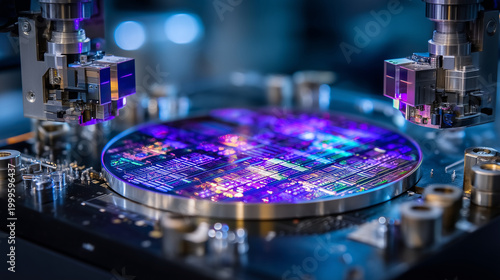 Semiconductor fabrication wafer inside a photolithography stepper, deep ultraviolet purple light defining circuit geometry, robotic handlers positioned on either side, ideal for ch