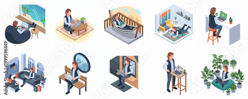 Diverse Isometric Scenes of a Person Working Remotely in Various Comfortable Locations and Styles