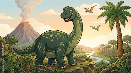 Friendly Green Dinosaur in Prehistoric Landscape with Volcano and Pterodactyls