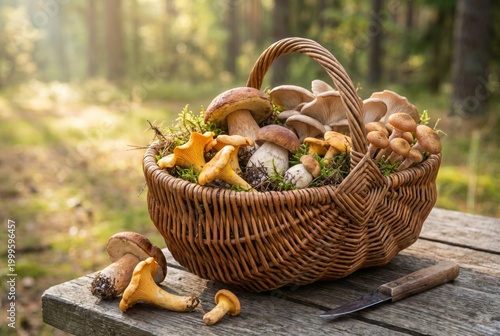 Wicker Basket Full of Fresh Wild Mushrooms on Wooden Table in Forest