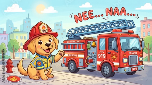 Adorable Puppy Firefighter with Siren Sound by Classic Red Fire Truck in City