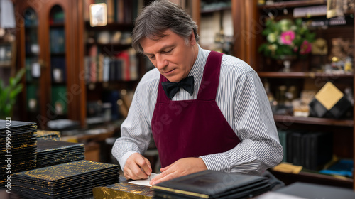 Artisan bookbinder pressing gold leaf onto a leather spine using heated finishing tools, gilded letters forming under steady hand pressure, luxury interior workshop with walnut she