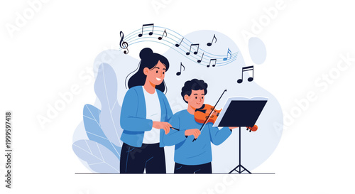 Music teacher or mother patiently helping a young boy learn to play the violin during a lesson with floating musical notes.