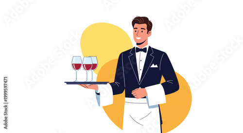 Professional waiter in a formal tuxedo and bow tie carrying a tray with several glasses of red wine for guests.