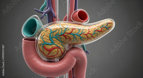Detailed anatomical model of human pancreas showing vascular structure in transparent shell.