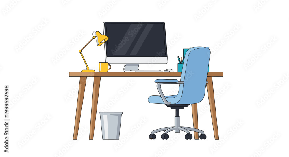 Fototapeta premium Clean and modern empty office workspace with a wooden desk, computer, blue chair, lamp, and trash bin against a white background.
