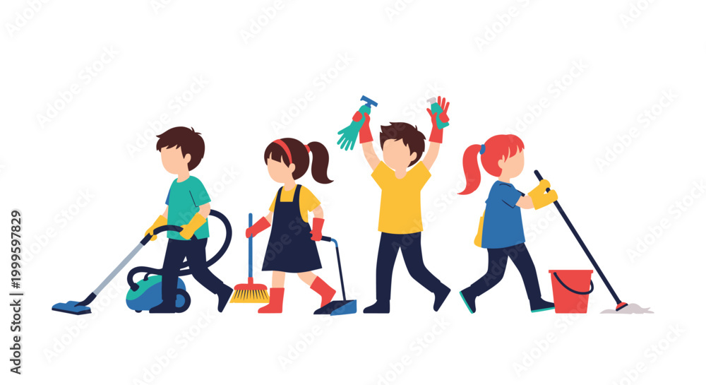 Fototapeta premium Group of diverse children works together happily on various cleaning chores including vacuuming, sweeping, and mopping.