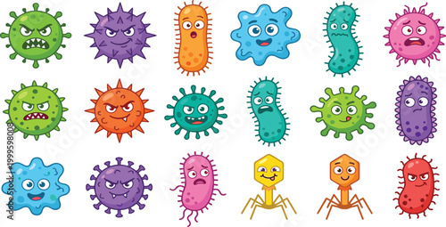 Colorful cartoon virus and bacteria character set with various funny expressions for medical education concepts