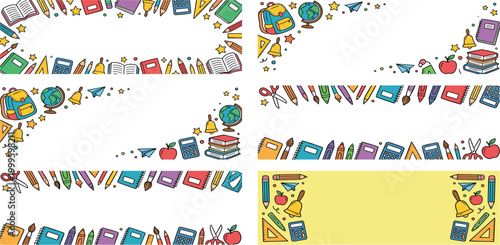 Colorful school education banner frames and borders set with hand drawn student supply doodle elements
