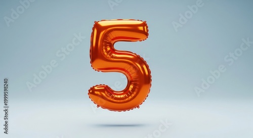 Orange Metallic Balloon Number 5 Floating on Light Background