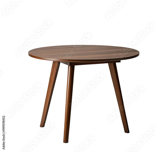 Round, wooden table with three angled legs against a black backdrop