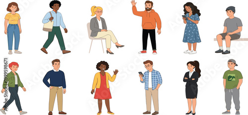 Diverse collection of cartoon people characters in various poses for social community and business concepts