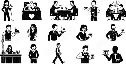Vector Set of Waiters, Bartenders, and Couples Enjoying Drinks in a Bar or Restaurant with Fun and Social Interactions