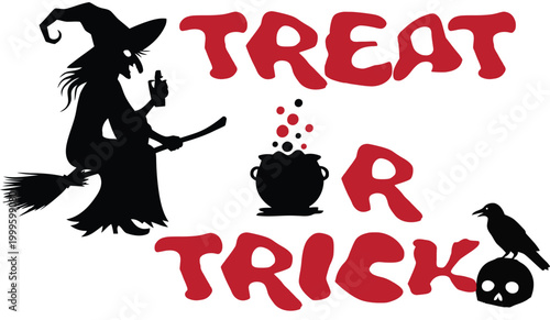 Halloween silhouette with witch cauldron and treat or trick lettering