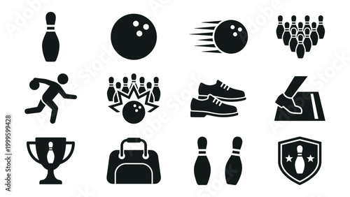 Bowling sport icons set with trophy and shoes
