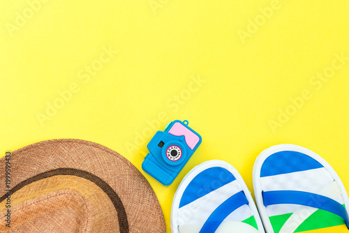 Travel and tourism background with summer essentials and copy space.