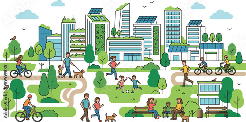 Eco friendly smart city landscape with people active in green park and sustainable urban architecture