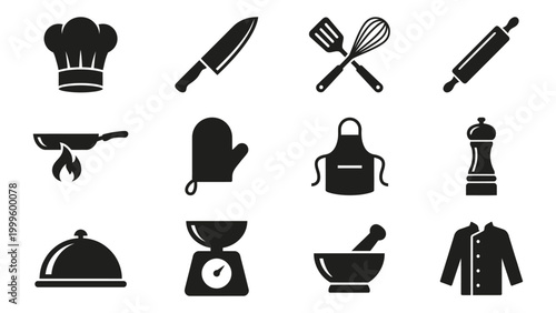 Black and white kitchen chef tools and accessories set icons