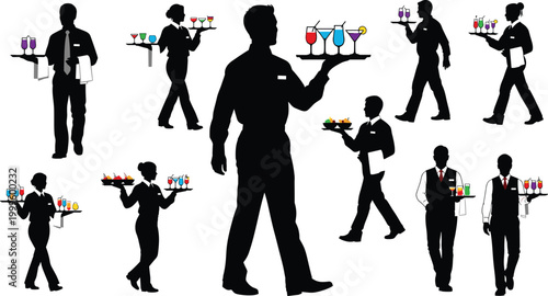 Waiters and Bartenders Carrying Trays of Drinks in Elegant Restaurant or Bar Setting for Hospitality and Beverage Service
