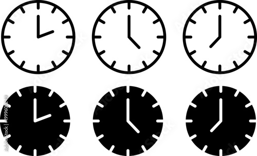 six minimalist clock faces showing different times flat design vector illustration