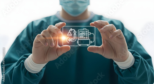 Surgeon holding a glowing digital representation of a medical ventilator on a screen.