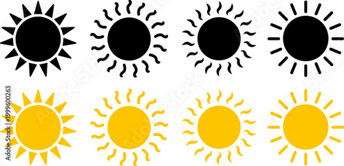 Sun icon set with various rays and sunshine symbols for weather and energy