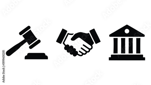 Three black icons of justice, agreement, and government building