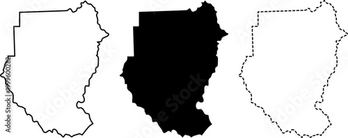 Sudan map set with outline, silhouette and dashed line shapes