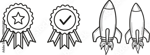 Black and white sketch of awards and rockets a simple line art collection