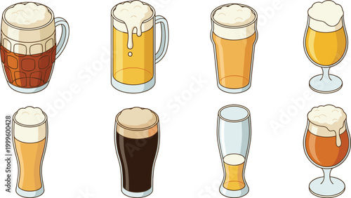 Beer Glass Collection Set with Different Mug Shapes, Lager, Ale, Stout Styles, Foam Topped Drinks for Bar, Pub, Brewery and Alcohol Beverage Vector Illustration