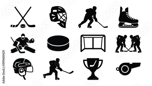 Ice hockey sports icons and equipment set