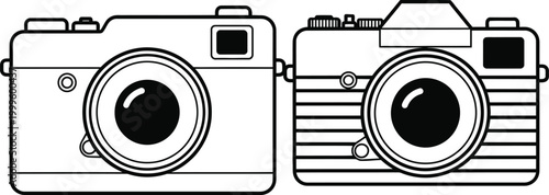 Two vintage cameras a black and white line drawing of classic photography equipment