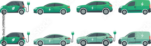 Electric Vehicle Collection with EV Cars, Charging Plug Icons, Green Transport Concept, Eco Friendly Automotive Set for Sustainable Energy and Modern Mobility Design