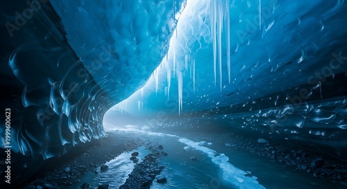 Ethereal blue ice cave with water flowing through a rocky stream