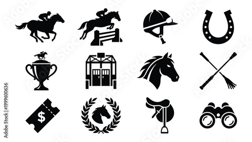 Black and white equestrian icons set flat design
