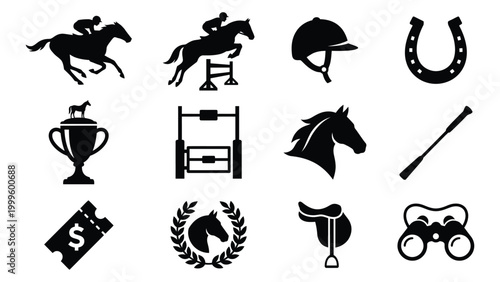 Black and white equestrian icons set with horse riding symbols