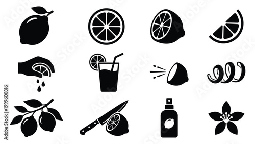 Black and white citrus fruits and related preparation icons set
