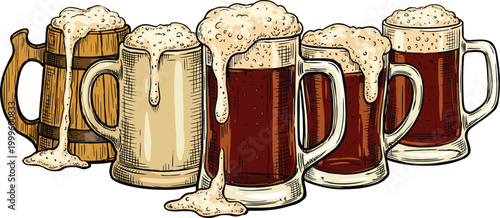 Set of Beer Mugs with Foam Overflow Illustration Featuring Craft Lager, Ale Glasses, Pub Drink Collection, Vintage Style Alcohol Beverage Vector Design