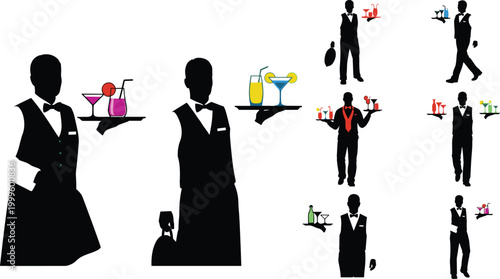 Waiters Serving Colorful Cocktails and Drinks on Trays in a Professional Bar or Restaurant Setting