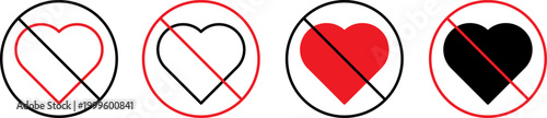 Set of no love icons with heart shapes and prohibition symbols